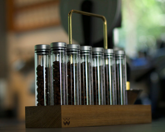 Weber Workshops, BEAN CELLAR Glass in Teak & Brass, Lifestyle, from Clive Coffee