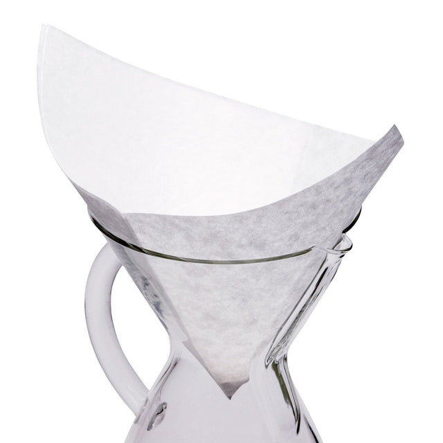 Chemex Pre-Folded Filters Square in a glass handled chemex, Clive Coffee - Knockout