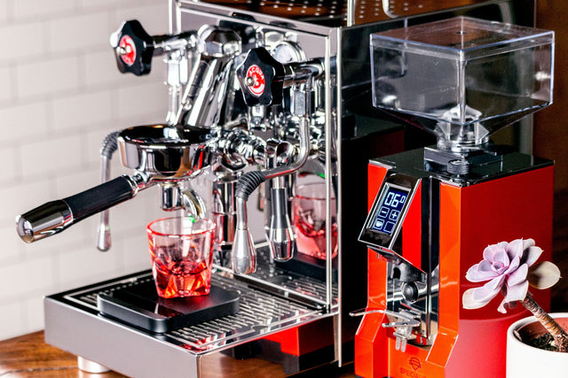 ECM Mechanika V Slim alongside a Eureka Mignon Specialita, featuring an adjustable portafilter fork, Clive Coffee - Lifestyle