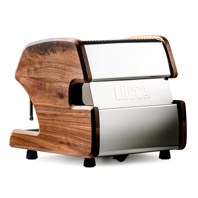 LUCCA A53 Pro Espresso Machine with walnut panels, rear knockout - by Clive Coffee