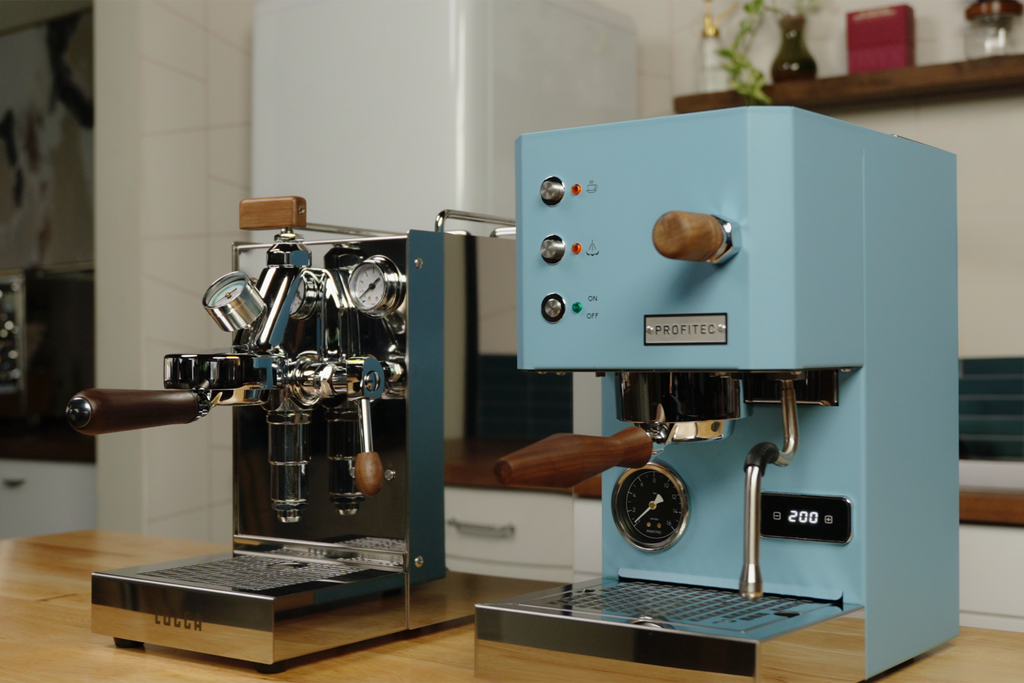 From left to right: Lucca Solo and Profitec GO espresso machines in profile lifestyle by Clive Coffee